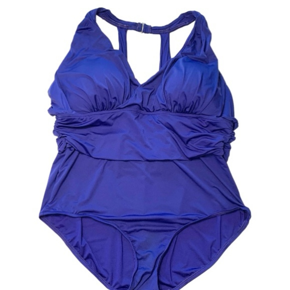 BADGLEY MISCHKA Mío Plunge Midnight Blue Shirred Waist 1 pc Swim Sz 18 - Picture 3 of 13